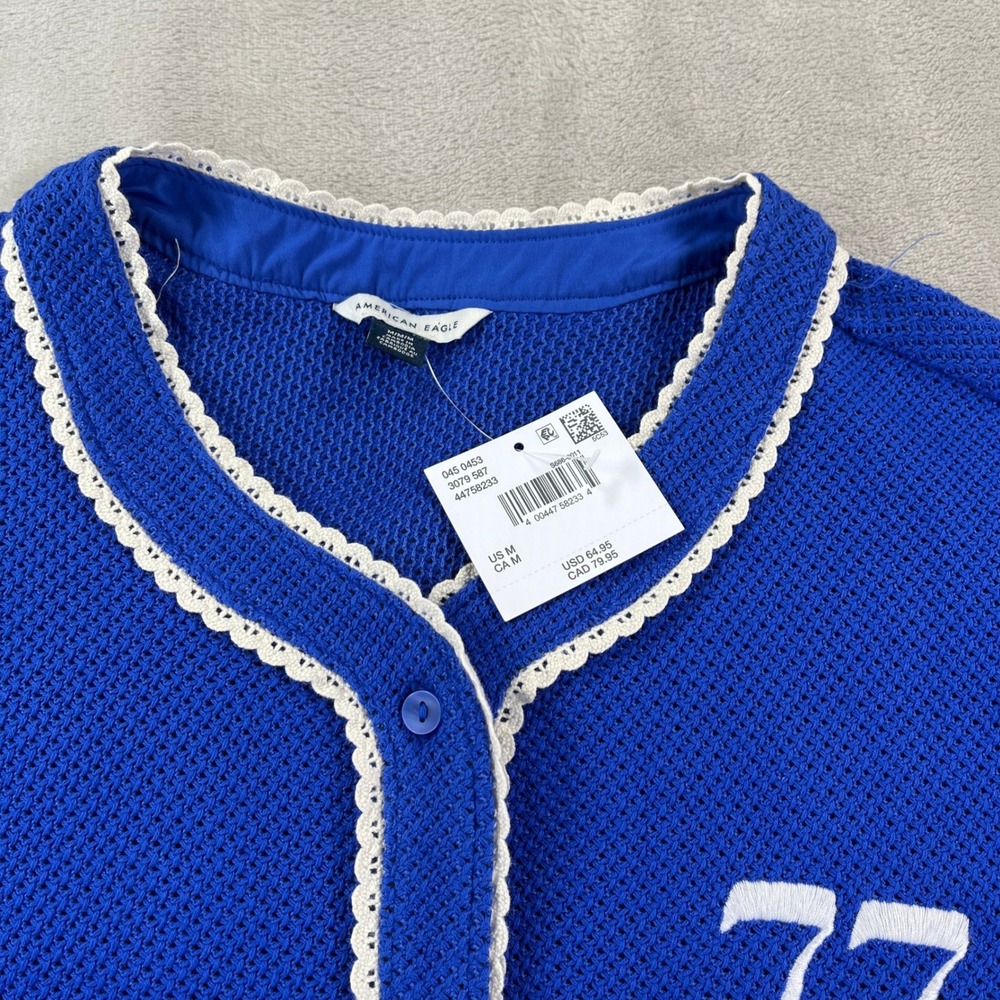 American Eagle Baseball Top M Blue NEW Crochet Lace Trim Jersey 77 Sporty - Picture 4 of 11